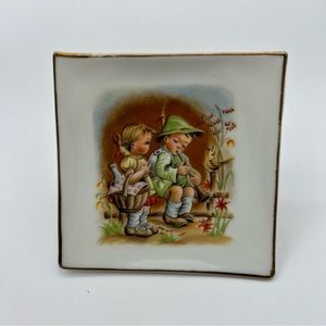 MCM Trinket Dish Mini Wall Plate Hummel Style Boy with Flute Bird and Girl 1960s